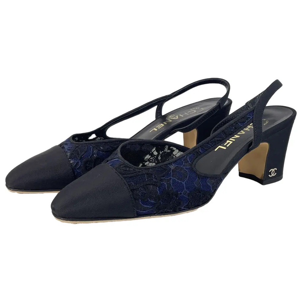Chanel Navy and Black Lace Slingback Heels